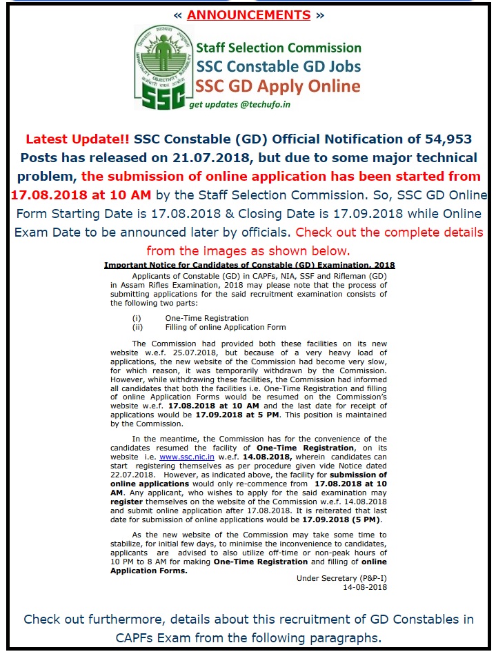 SSC GD Constable Recruitment 2018 - 2019 Apply Online at ssc.nic.in